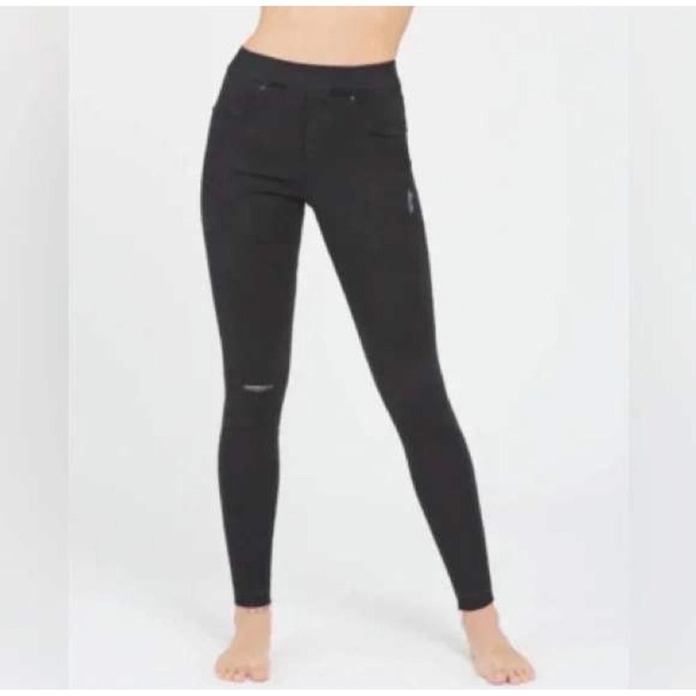 SPANX Distressed Ankle Skinny Raw Hem Pull-On Jeans Soft Black 20213R L Large